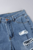 Blue Street Solid Ripped Patchwork Pocket Buttons Dragkedja Mitt midja Raka jeans jeans