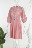 Patchwork rosa elegante solido scavato con cintura pieghettata o collo abiti a trapezio (cintura inclusa)
