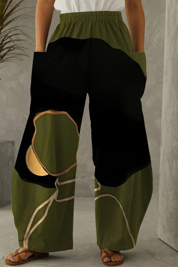 Pantalones de cintura alta regulares con bolsillo de patchwork y estampado casual de moda verde militar