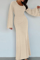 Abrikoos Casual effen patchwork U-hals lange jurk Jurken