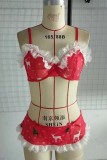 Red Sexy Living Print Patchwork Backless Christmas Day Lingerie