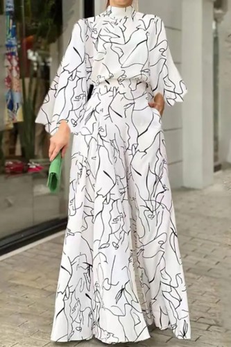 White Casual Print Patchwork Half A Turtleneck Regular Jumpsuits
