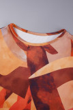 Orange Casual Print Basic O-hals långärmade klänningar