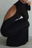 ブラック カジュアル ソリッド バックレス タートルネック ロング ドレス ドレス