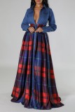 Blauwe casual geruite patchwork-jurken met ronde kraag en lange mouwen