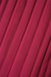 Розовый Красный Милый Однотонный Пэчворк Уздечка Плиссированные V-образный вырез Длинный рукав Две части