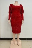 Red Casual Solid Sequins Patchwork U Neck Long Sleeve Plus Size Dresses