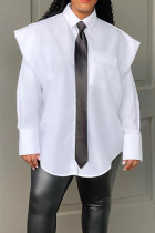 Blanco elegante patchwork liso bolsillo hebilla camisa cuello tops