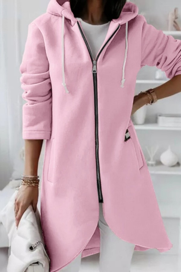 Prendas de abrigo casual liso patchwork cremallera cuello con capucha rosa