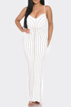 Weiße, sexy, solide, rückenfreie Patchwork-Kleider mit Spaghettiträgern und langem Kleid