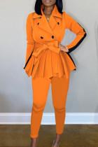 Orange Casual Solid Patchwork Turndown Collar Plus Size Two Pieces