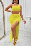 Yellow Sexy Casual Solid Backless Slit One Shoulder Sleeveless Two Pieces