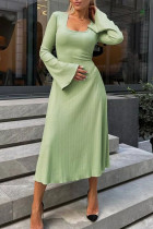 Mintgrünes, lässiges, solides, langes Patchwork-Kleid mit U-Ausschnitt