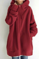 Red Casual Solid Basic Hooded Collar Outerwear