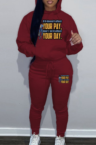 Burgundy Sportwear Casual Letter Print Hooded Collar Long Sleeve Sweatshirt And Draw String Pants Two Pieces Sweatsuit Sets