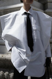 White Elegant Solid Patchwork Pocket Buckle Shirt Collar Tops