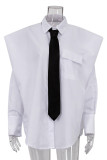 Top con colletto della camicia con fibbia tascabile patchwork solido bianco elegante