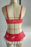 Red Sexy Living Print Patchwork Backless Christmas Day Lingerie