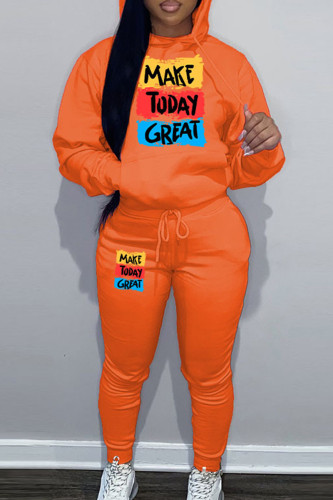 Orange Sportwear Casual Letter Print Hooded Collar Long Sleeve Sweatshirt And Draw String Pants Two Pieces Sweatsuit Sets