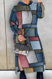 Bordeauxrode casual print patchwork trekkoord split en capuchon kraag bedrukte jurk grote maten jurken