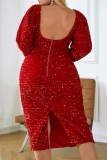 Red Casual Solid Sequins Patchwork U Neck Long Sleeve Plus Size Dresses