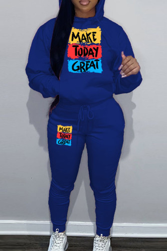 Blue Sportwear Casual Letter Print Hooded Collar Long Sleeve Sweatshirt And Draw String Pants Two Pieces Sweatsuit Sets