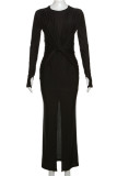 Black Casual Solid Slit O Neck Long Dress Dresses