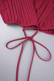 Rosa vermelha doce sólido patchwork frênulo plissado decote em V manga comprida duas peças