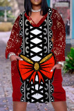 Rot-schwarze, lässige, bedruckte Basic-Kleider mit V-Ausschnitt und langen Ärmeln