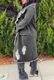 Black Casual Solid Cardigan Turndown Collar Long Sleeve Regular Distressed Denim Jacket Denim Coat Jeans Fringe