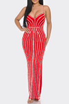 Vestido largo rojo sexy de retazos lisos sin espalda con tirantes finos y taladro caliente