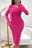 Rose Red Casual Solid Backless Oblique Collar Long Sleeve Dresses