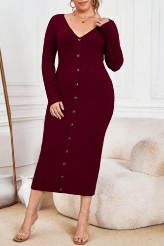 Burgundy Casual Solid Basic V Neck Long Sleeve Plus Size Dresses