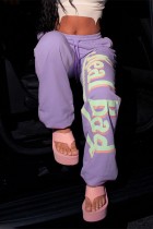 Pantaloni con stampa di posizionamento convenzionale a vita alta regolari di base con stampa casual viola