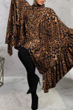 Borgonha casual estampa leopardo patchwork gola aberta vestidos irregulares