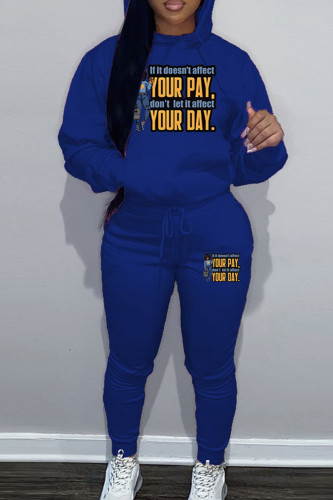 Blue Sportwear Casual Letter Print Hooded Collar Long Sleeve Sweatshirt And Draw String Pants Two Pieces Sweatsuit Sets