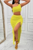 Yellow Sexy Casual Solid Backless Slit One Shoulder Sleeveless Two Pieces Tank Vest Crop Tops And Thigh Split Skirts Sets