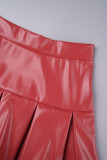 Vermelho elegante sólido retalhos plissado magro cintura alta alto-falante cor sólida bottoms