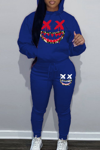 Blue Sportwear Halloween Casual Graphics Print Hooded Collar Long Sleeve Sweatshirt And Draw String Pants Two Pieces Sweatsuit Sets