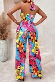 Blauw Rood Casual print Backless Halter Normale jumpsuits