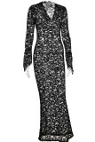Black Street Solid Lace Patchwork See-through V Neck Long Dress Dresses