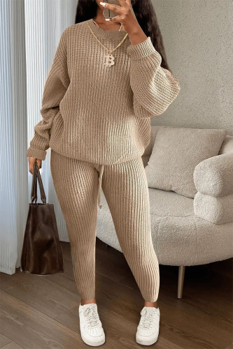 Khaki Casual Solid Patchwork Draw String O Neck Long Sleeve Two Pieces Sweater Suit