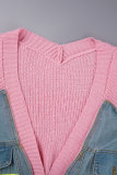 Pink Casual Patchwork Contrast V Neck Outerwear