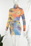 Färg Casual Print Basic Turtleneck långärmade klänningar