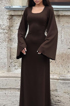 Brownness Lässiges, solides Patchwork-Kleid mit U-Ausschnitt und langem Kleid