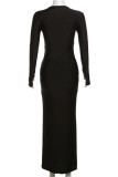 Black Casual Solid Slit O Neck Long Dress Dresses