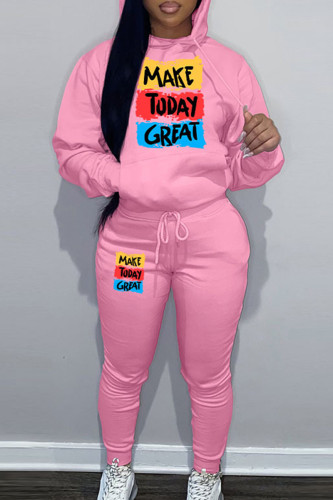 Pink Sportwear Casual Letter Print Hooded Collar Long Sleeve Sweatshirt And Draw String Pants Two Pieces Sweatsuit Sets