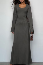 Donkergrijze casual effen patchwork lange jurk met U-hals
