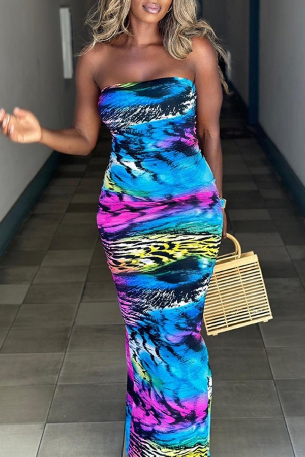 Blue Sexy Casual Print Backless Strapless Long Dress Dresses