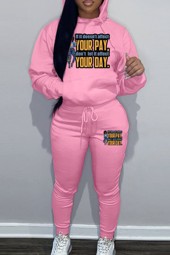 Pink Sportwear Casual Letter Print Hooded Collar Long Sleeve Sweatshirt And Draw String Pants Two Pieces Sweatsuit Sets
